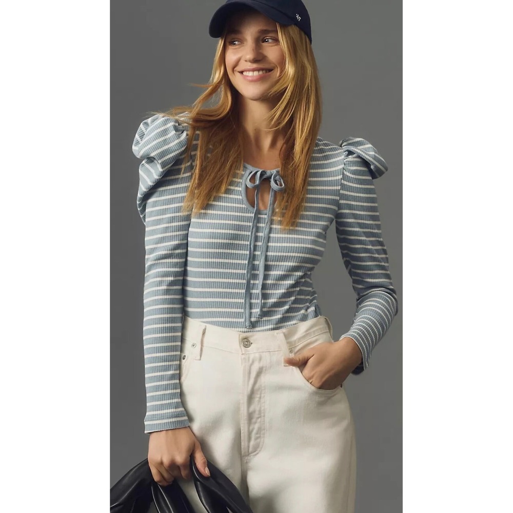 Porridge Anthropologie Striped Puff long Sleeve Tie Neck Ribbed‎ Knit Top XS